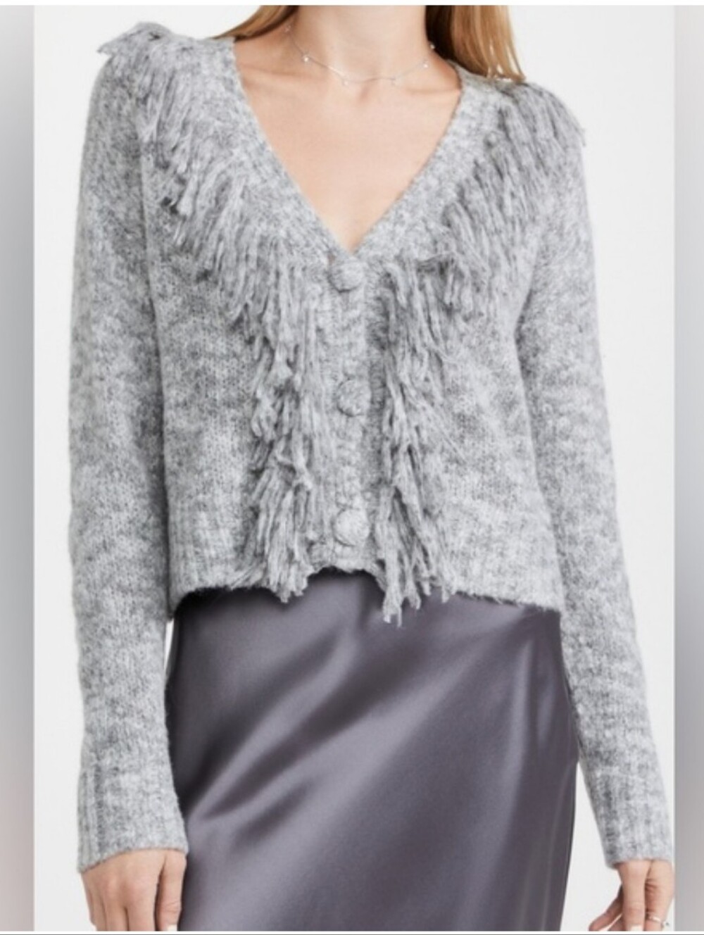 Cinq A Sept Cecelia Sweater Cardigan Gray Heather Fringe V- Neck S Small